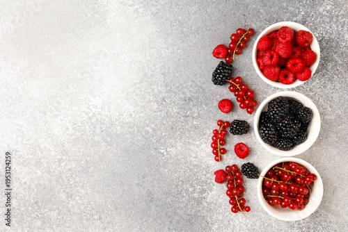 Colorful collection of berries on a light gray surface with bowls containing raspberries, blackberries, and red currants in afternoon light