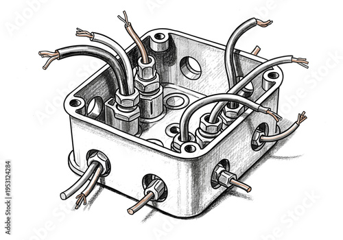 Electrical junction box with exposed wires and conduit connectors, ready for wiring