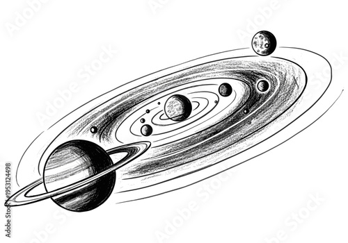 Stylized illustration of a solar system with planets orbiting a central star in a black and white sketch style