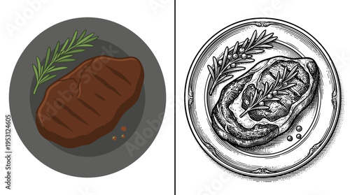 Grilled beef steak with rosemary on a plate for luxury dining and protein-rich meal concept