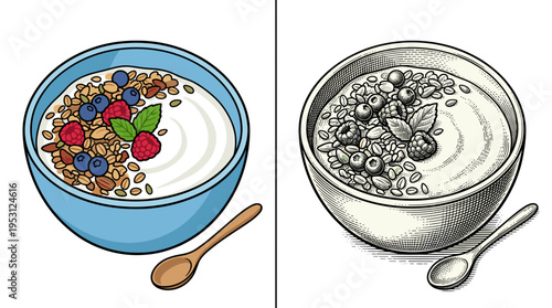 Bowl of yogurt with granola berries and mint, healthy morning breakfast for wellness and nutritious lifestyle concept