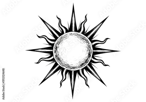 Stylized sunburst illustration with sharp rays and wavy flames in black and white