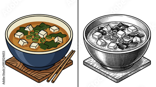 Traditional Japanese miso soup in a bowl with tofu and seaweed for Asian cuisine and healthy dining concept