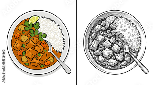 Authentic chicken curry with rice and fresh herbs for spicy Asian cuisine and nutritious dinner concept