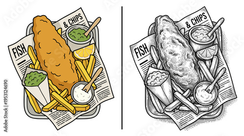 Classic British fish and chips portion with lemon and pea mash for traditional pub food and takeaway concept