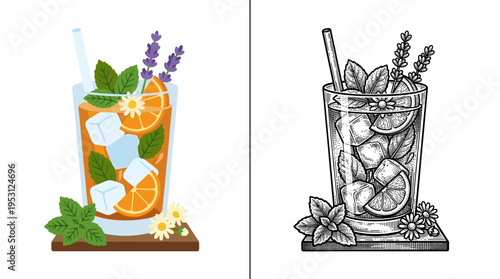 Refreshing iced herbal infusion with mint and citrus for summer cooling and healthy hydration concept