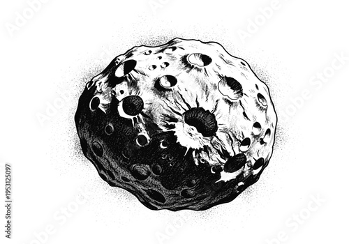 Detailed illustration of a cratered asteroid with a rough, uneven surface and dark shadows