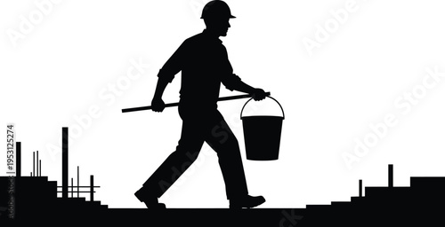 Vector silhouette of construction worker carrying tools on a building site