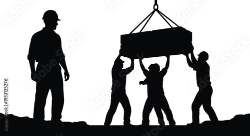 Vector silhouette of construction workers lifting heavy object