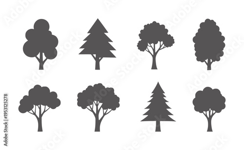 Collection of eight dark gray tree silhouettes white