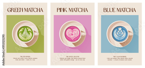 Matcha set image. Modern kitchen decor. Matcha latte with milk. Minimalist matcha art. Minimalist retro posters with drink. Colorful trendy print. Vector illustration