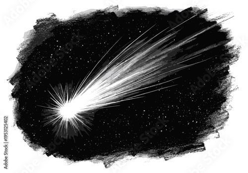 Stylized illustration of a bright comet streaking across a starry night sky