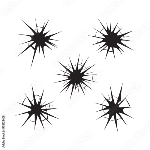 Five abstract starburst shapes in black against a plain white background