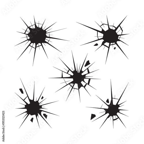 Five black silhouettes depicting shattered glass or impact points on a white background