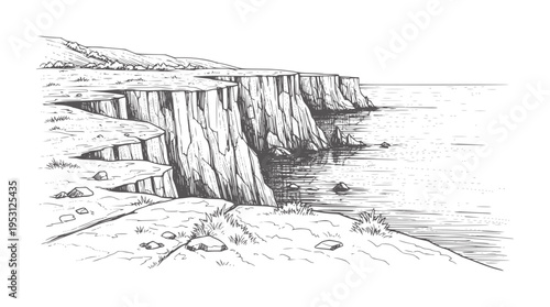 Rugged coastal cliffs meet the ocean in a ink water