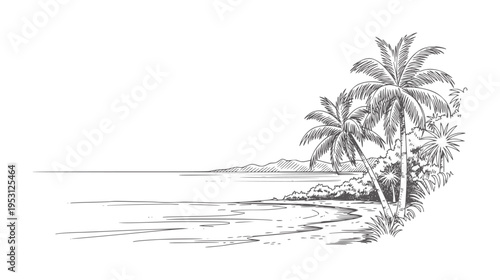Tropical beach scene with palm trees and distant mountains ocean