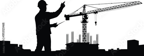 Vector silhouette of construction worker directing with crane in background