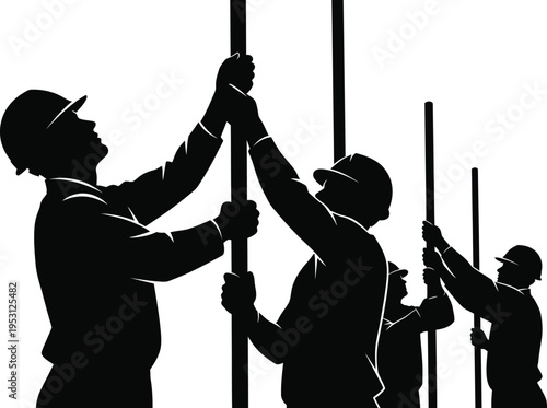 Vector silhouette of construction workers on building site with hard hats