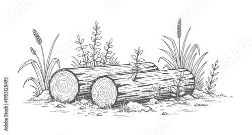 Two logs resting the ground with grass and plants wood nature