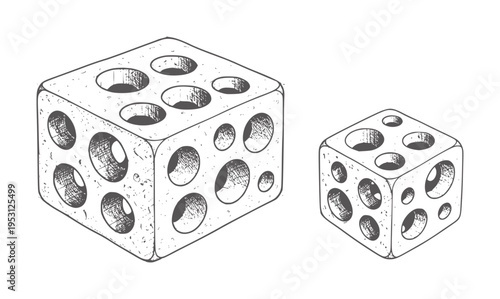 Two isometric cubes with circular holes in a sketchy line style