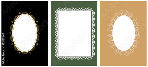 Vector graphic design, lace linear border and frame with copy space for text, logo, monogram, minimal trendy stationery and brand packaging template