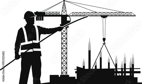 Vector silhouette of construction worker operating crane
