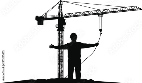 Vector silhouette of construction worker operating crane