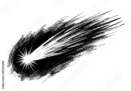 Drawn comet with a bright nucleus and a long, streaky tail against a white background