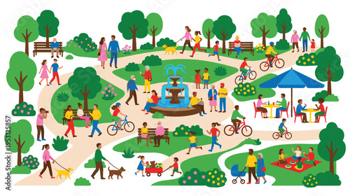 People enjoying various activities in sunny green city park