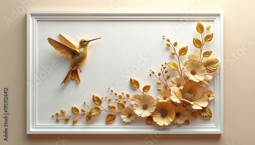 Gold hummingbird and floral elements form a raised art panel. This decorative artwork features metallic bird and blossom reliefs within a white frame. Elegant nature design for luxury interiors.