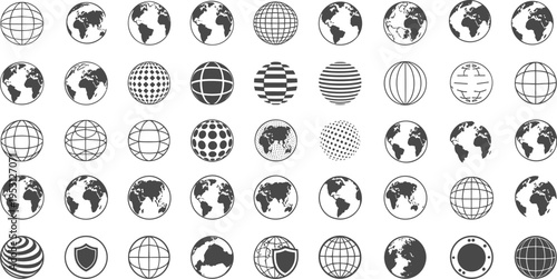 Global Array: A comprehensive collection of Earth globes, each uniquely designed, representing global connectivity, diverse perspectives, and the planet's intricate network of landmasses, oceans.