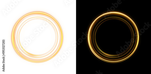 Golden neon glowing circle frame with multiple light rings isolated on black background, abstract luminous gold round border, futuristic electric light effect for luxury design and advertising