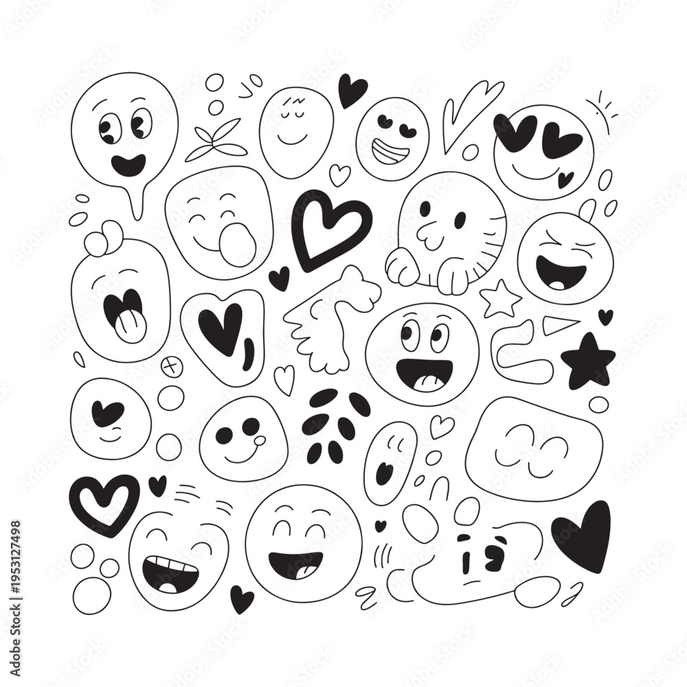 Fototapeta premium Black and white doodle collection of various expressive faces and heart shapes