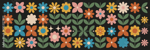 Retro floral pattern with muted colors on black background
