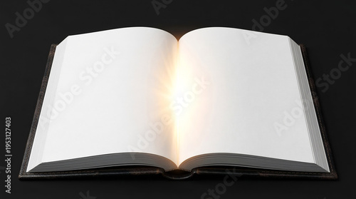 Open book with glowing pages on black background  