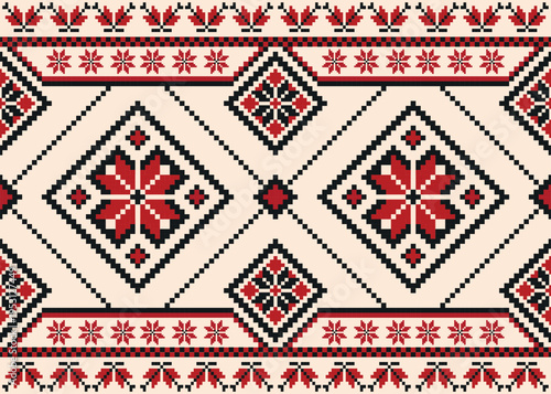 Ukrainian Traditional Embroidery Vector Seamless Pattern: Red and Black Geometric Ornament on White Background, Slavic Ethno Style Cross Stitch Design.A high-quality geometric vector pattern