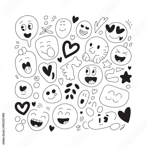Black and white doodle collection of various expressive faces and heart shapes