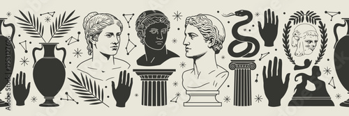 Ancient greek busts amphorae snake laurel wreath hands