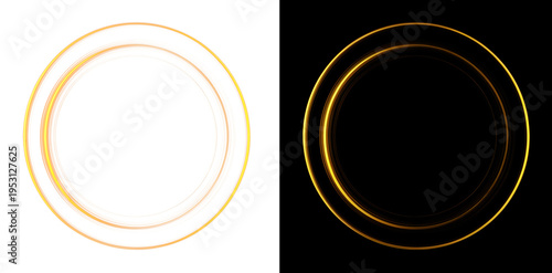 Golden neon glowing circle frame with multiple light rings isolated on black background, abstract luminous gold round border, futuristic electric light effect for luxury design and advertising