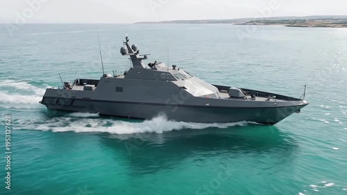 Grey Military Patrol Boat Speeding On Blue Ocean Water