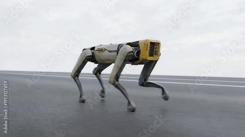 Futuristic Robotic Dog Walking On Empty Asphalt Road