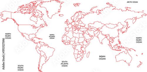 Simple Red Outline World Map with Country Borders