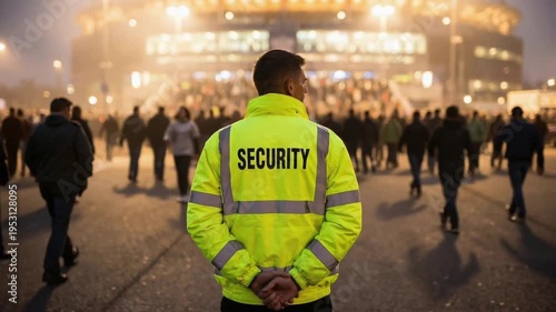 Security Guard Controlling Large Crowd Outside Stadium At Night