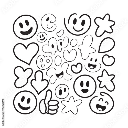 Black and white doodle collection featuring smiling faces hearts stars and hand gestures