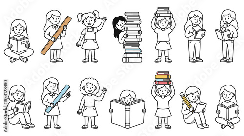 Girls reading books, holding rulers, and stacking books