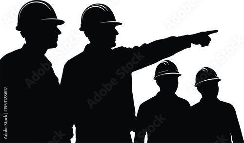Vector silhouette of construction workers in hard hats pointing