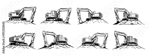 Industrial heavy-duty excavator machine vector illustration with a digging bucket on an earth mound.