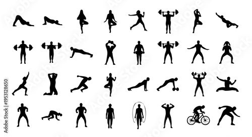 A comprehensive vector illustration showcasing diverse fitness and workout activities performed by various people.