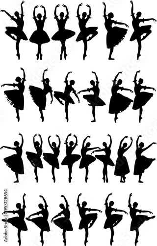 Elegant vector illustration featuring a sequence of graceful ballerina silhouettes performing classic ballet dance poses in motion