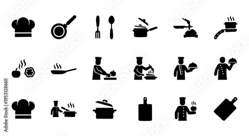 A comprehensive collection of kitchen and chef vector icons for food preparation and culinary activities design